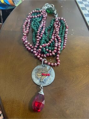 Art by Amy Layered Green and Red Beaded Pendant Necklace with Teardrop Crystal